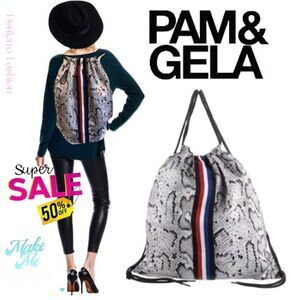 Pam & Gela Gray Snakeskin red white blue Drawstring Bag